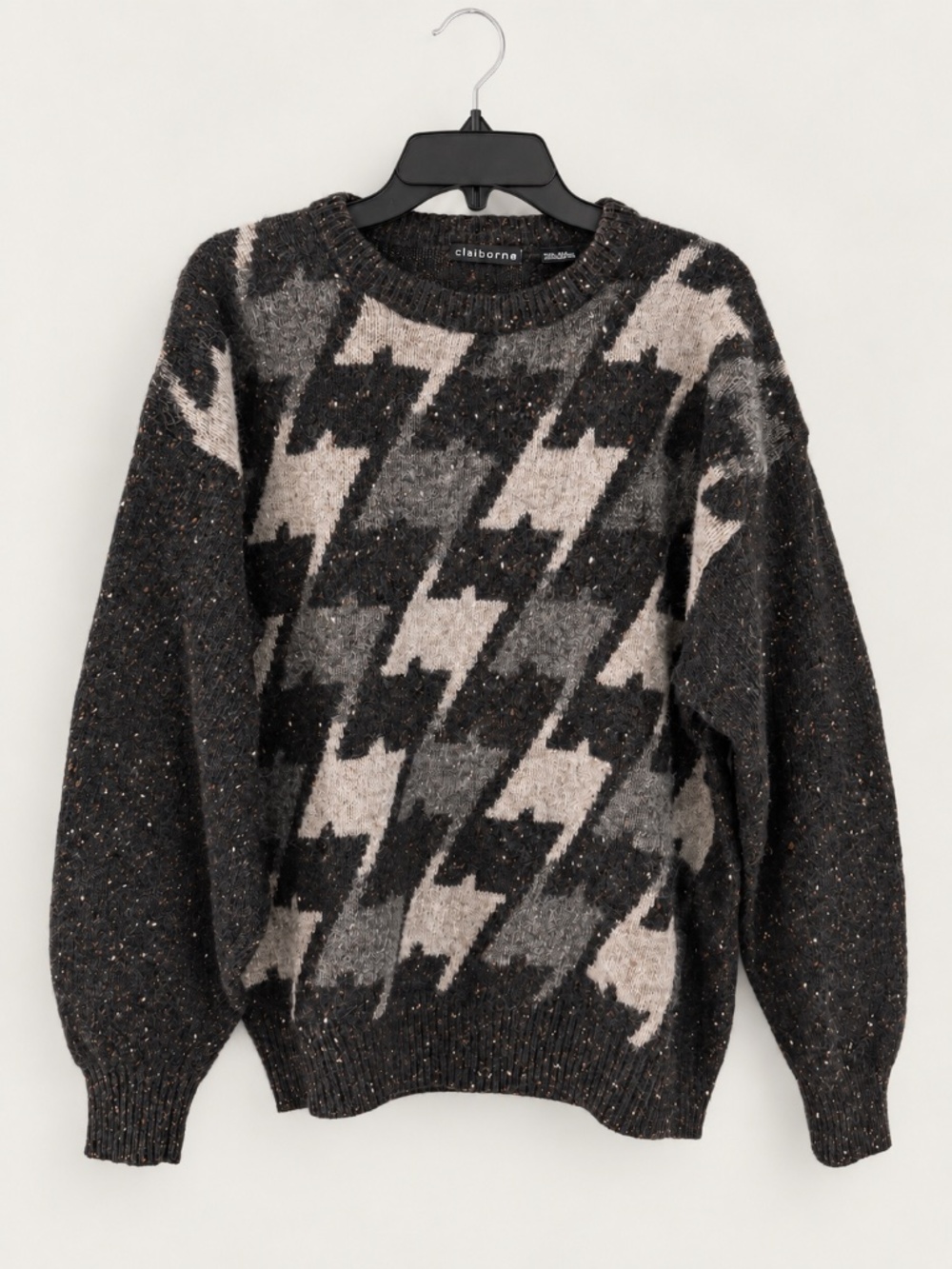 Vintage Claiborne 100% Wool Geometric Sweater Size Large Black Gray Taupe Retro